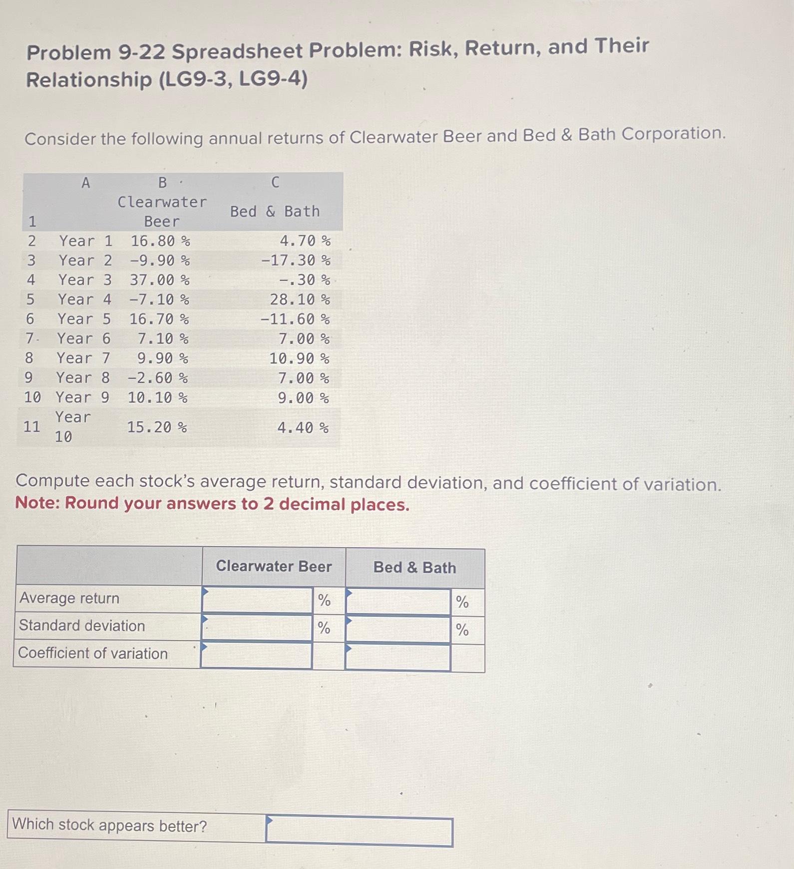  Problem 9-22 Spreadsheet Problem: Risk, Return, and Their Relationship (LG9-3, LG9-4)