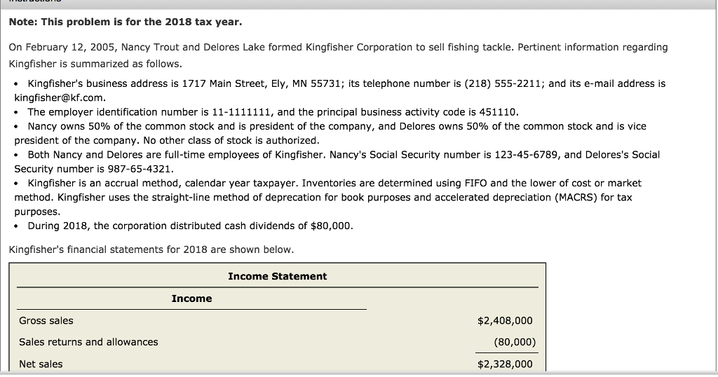  Note: This problem is for the 2018 tax year. On February