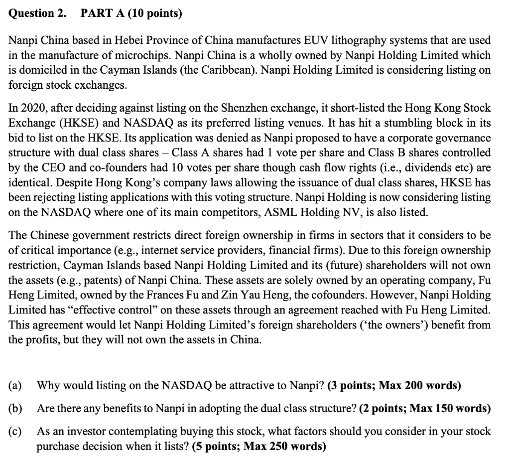 Question 2. PART A (10 points) Nanpi China based in Hebei