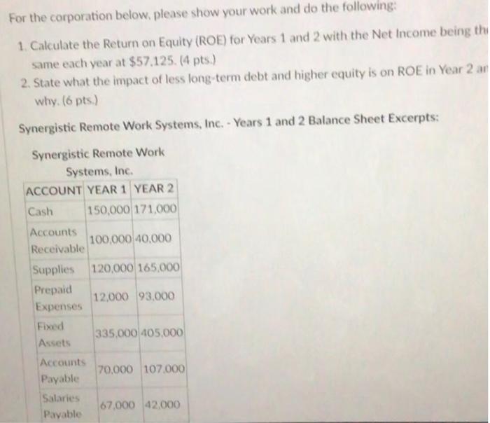  For the corporation below. please show your work and do the