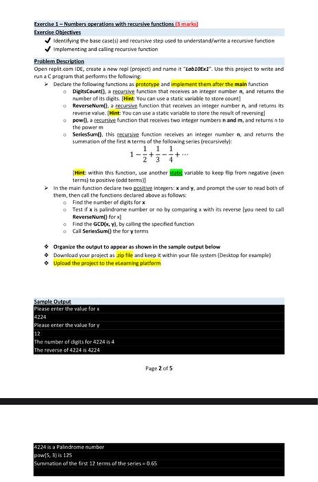 solve it with C language Exercise 1 - Numbers. operations with resursive