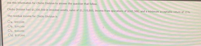  Use this information for Chicks Division-to answer the question that follow.