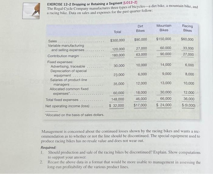  EXERCISE 12-2 Dropping or Retaining a Segment [LO12-2] The Regal Cycle