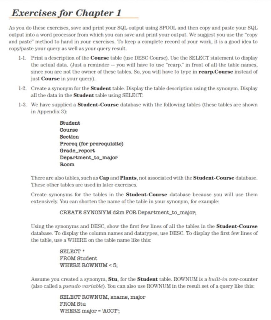 Exercises for Chapter 1 s you do these exercises, save and