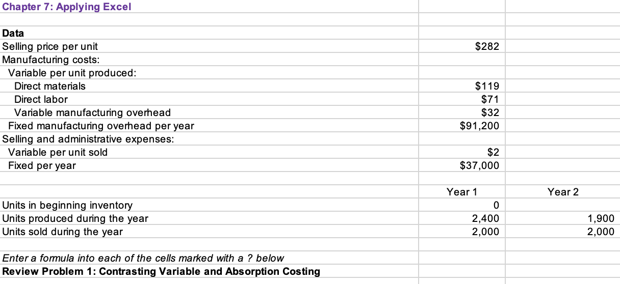  Chapter 7: Applying Excel Data Selling price per unit $282 Manufacturing