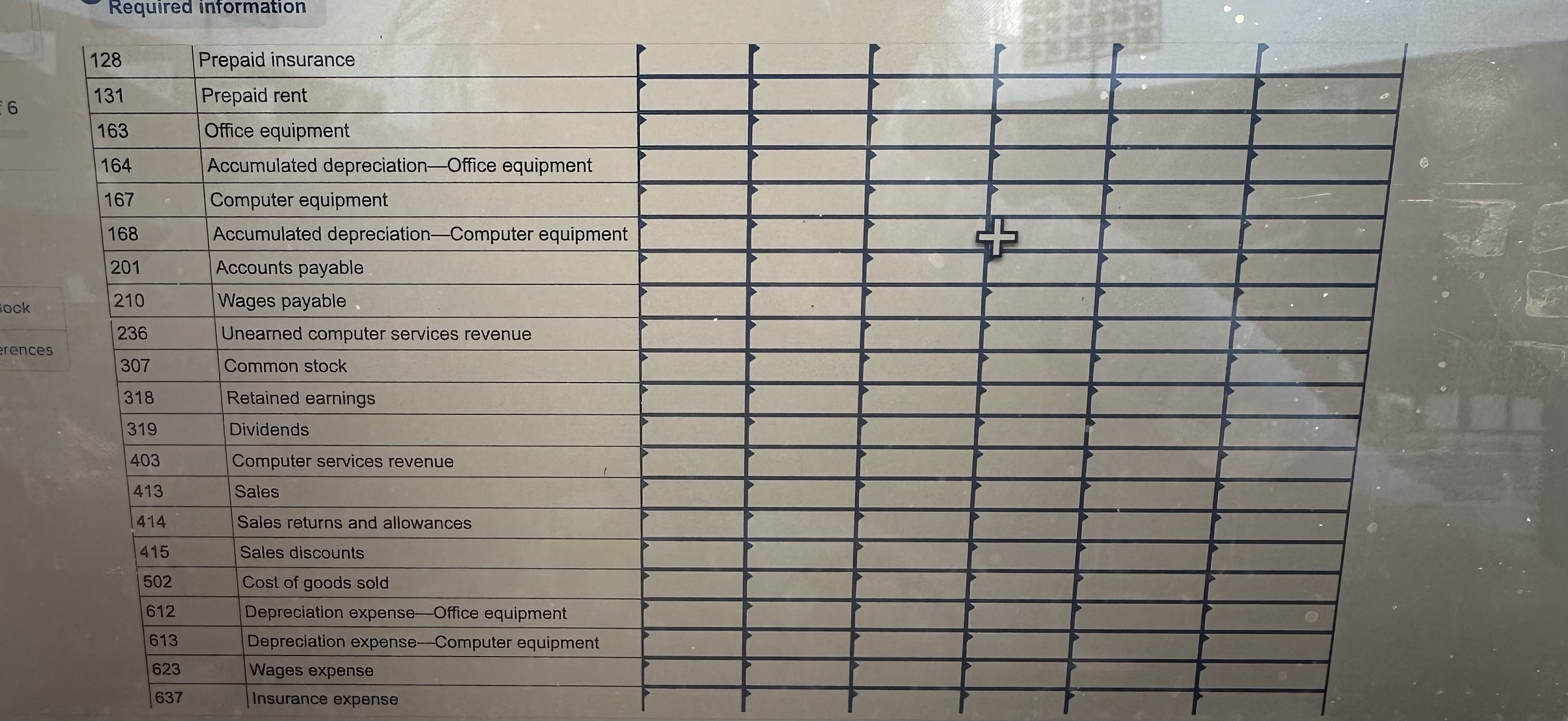 discounts 613 Cost of goods sold 623 Depreciation expense-Office equipment 637 Depreciation