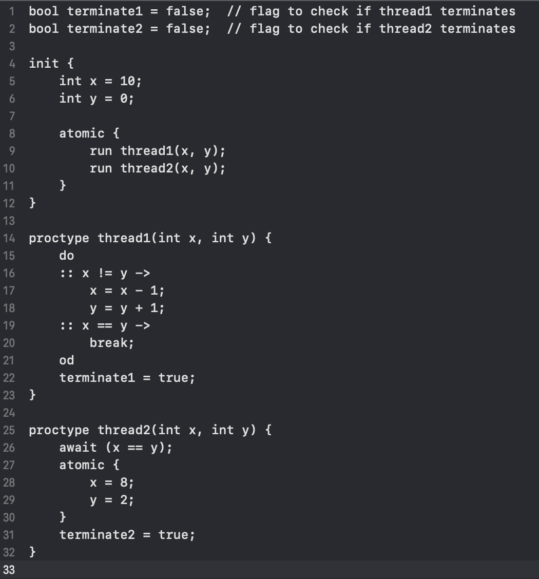  How can I fix this error? spin: model.pml:14, Error: syntax error