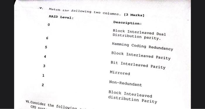 computer organization V. Match the following two cnl