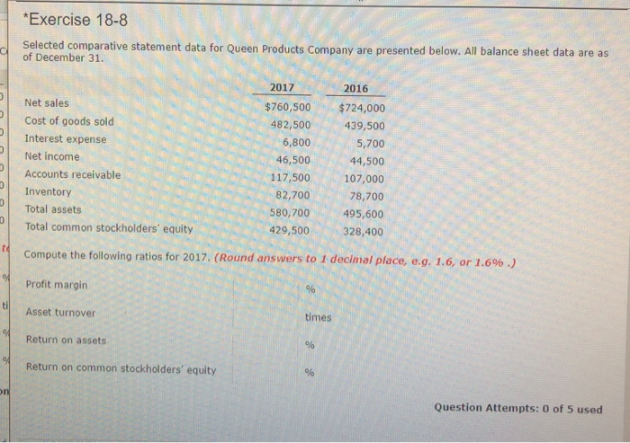  Exercise 18-8 Selected comparative statement data for Queen Products Company are