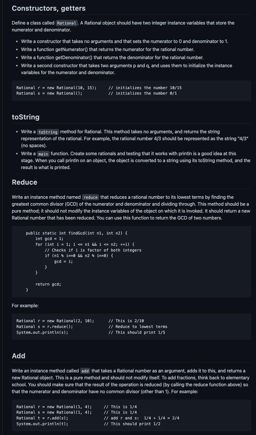 In Java plz Constructors, getters Define a class called Rational. A Rational