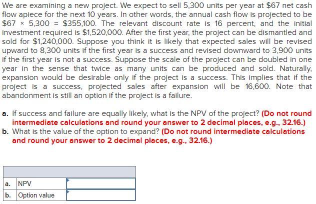 We are examining a new project. We expect to sell 5,300