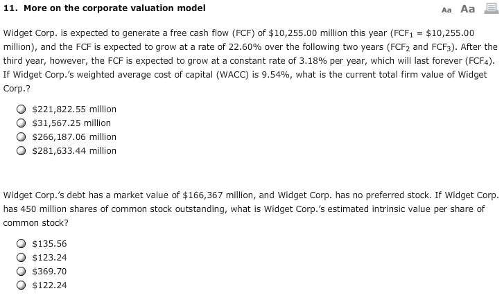  Widget Corp. is expected to generate a free cash flow (FCF)