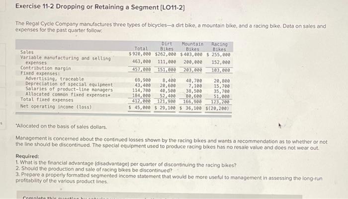  Exercise 11-2 Dropping or Retaining a Segment [LO11-2] The Regal Cycle
