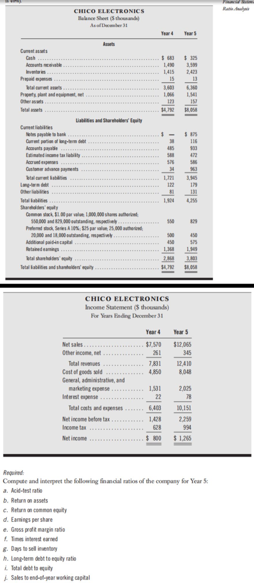  CHICO ELECTRONICS Income Statement ($ thousands) For Years Ending December 31