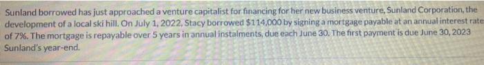  Sunland borrowed has just approached a venture capitalist for financing for
