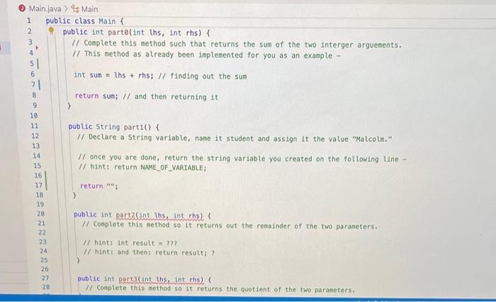 with 12 methods. Methods are called part1, etc. The body of each