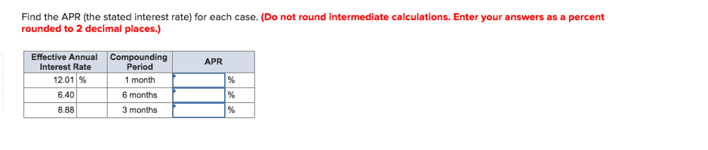  Find the APR (the stated interest rate) for each case. (Do