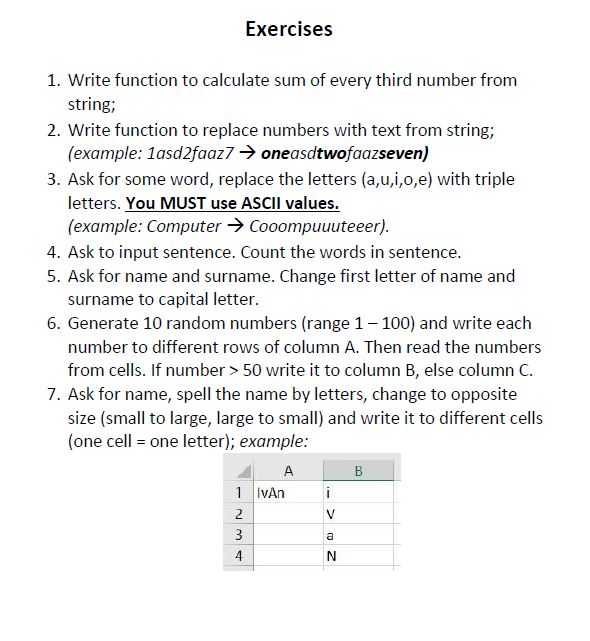 I need the VBA codes for those functions. Exercises 1. Write function