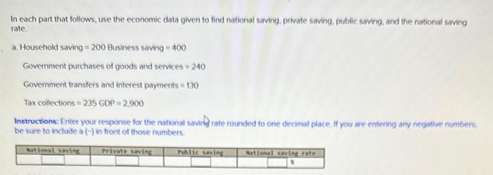  In each part that follows, use the economic data given to