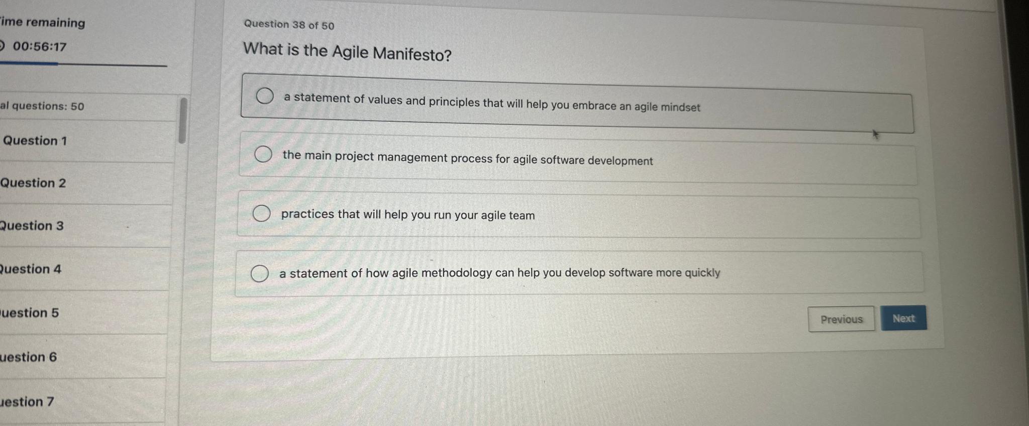  ime remaining 00:56:17 al questions: 50 Question 1 Question 2 Question