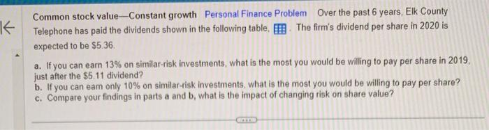  Common stock value - Constant growth Personal Finance Problem Over the