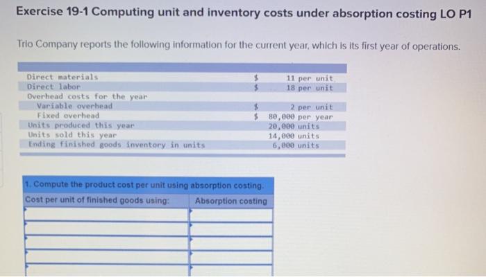  Exercise 19-1 Computing unit and inventory costs under absorption costing LO