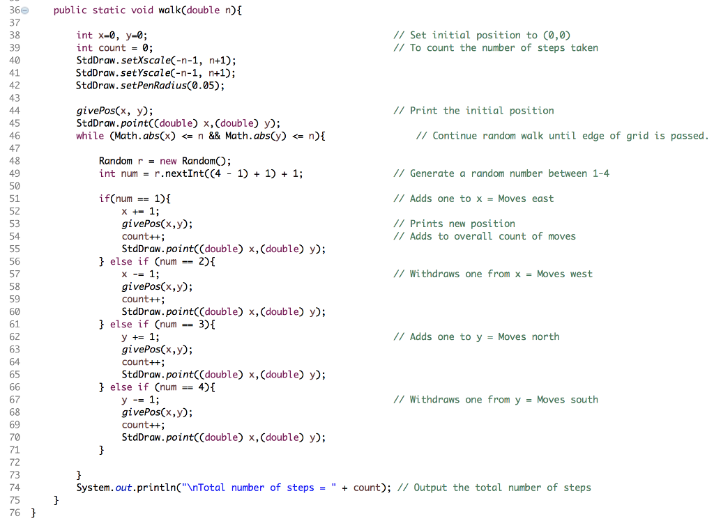 (0,0) and continuing until x or y is greater than abs(n). First: