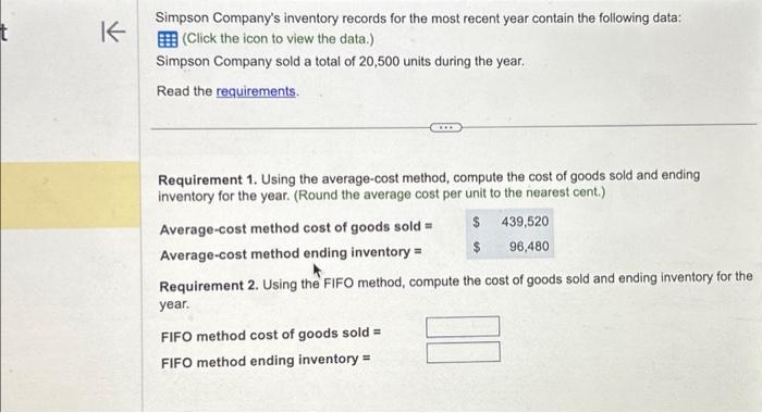 please help Simpson Company's inventory records for the most recent year contain