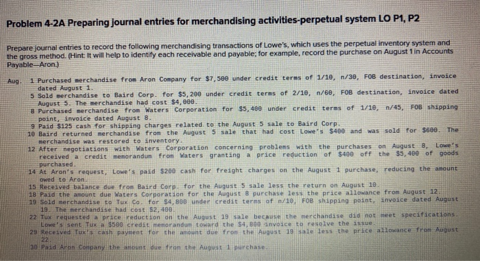  Problem 4-2A Preparing journal entries for merchandising activities-perpetual system LO P1,