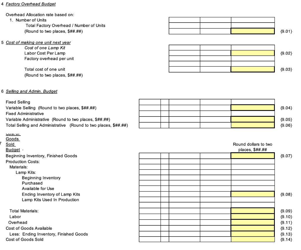 Please help me fill EMPTY YELLOW CELLS ONLY thanks 4 Factory Overhead