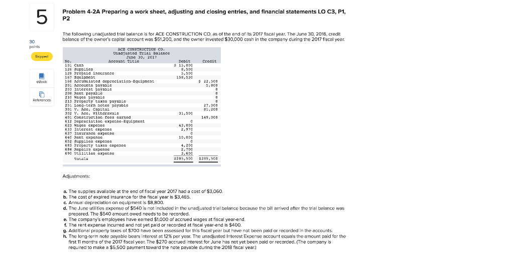  Problem 4-2A Preparing a work sheet, adjusting and closing entries, and