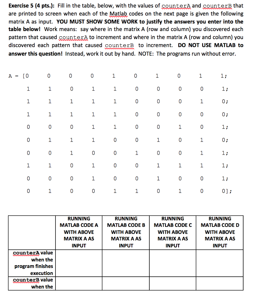 Exercise 5 (4 pts.): Fill in the table, below, with the