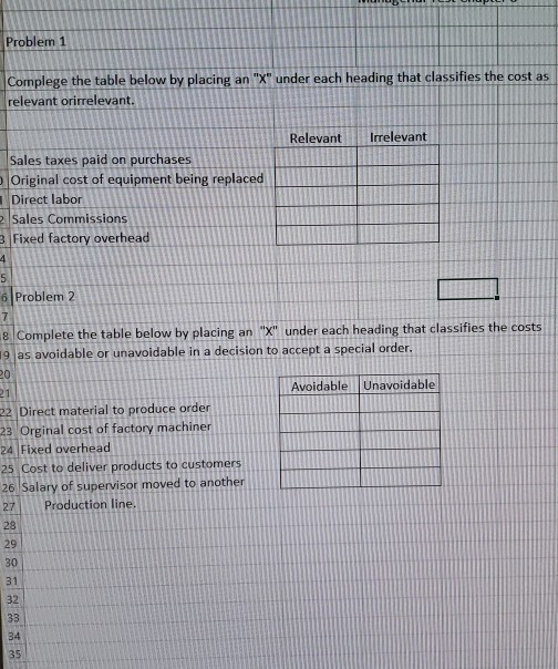  Problem 1 Complege the table below by placing an "X" under