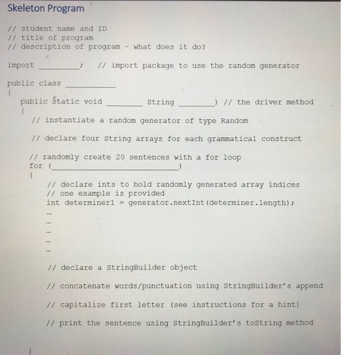 be chosen randomly. The word choices will be stored in four separate