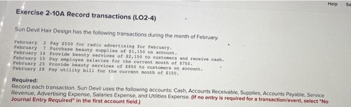  Help Sa Exercise 2-10A Record transactions (L02-4) Sun Devil Hair Design