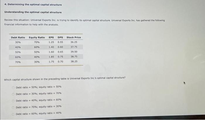 4. Determining the optimal capital structure Understanding the optimal capital structure