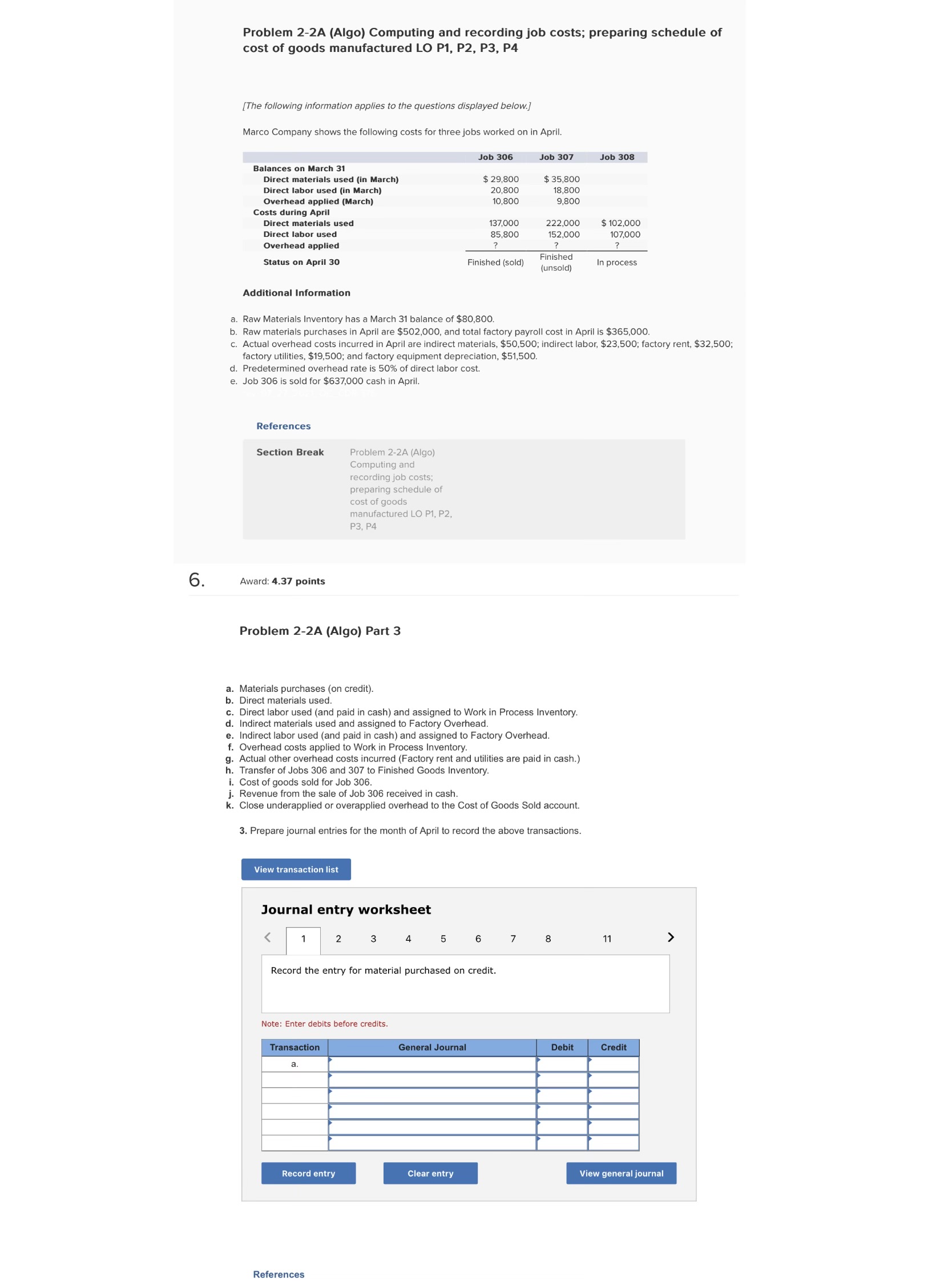 Problem 2-2A (Algo) Computing and recording job costs; preparing schedule of