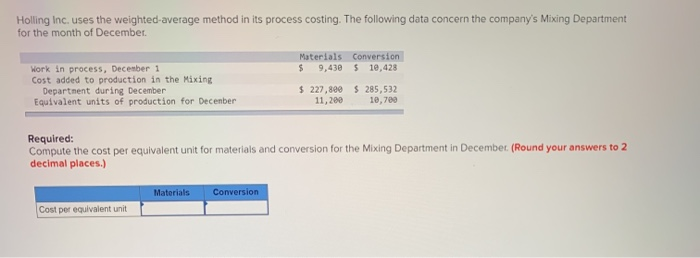  Holling Inc. uses the weighted-average method in its process costing. The