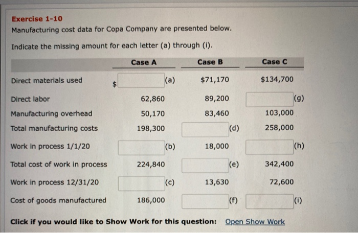  Exercise 1-10 Manufacturing cost data for Copa Company are presented below.