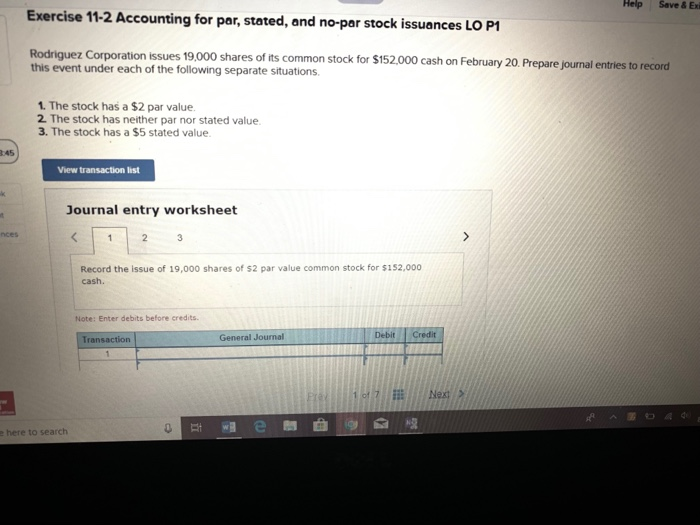  Help Save & Exi Exercise 11-2 Accounting for par, stated, and