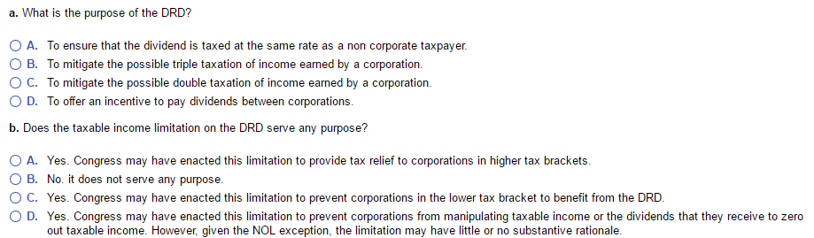 received from domestic corporations. a. What is the purpose of the DRD?