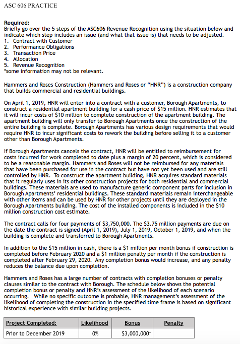  ASC 606 PRACTICE Required: Briefly go over the 5 steps of