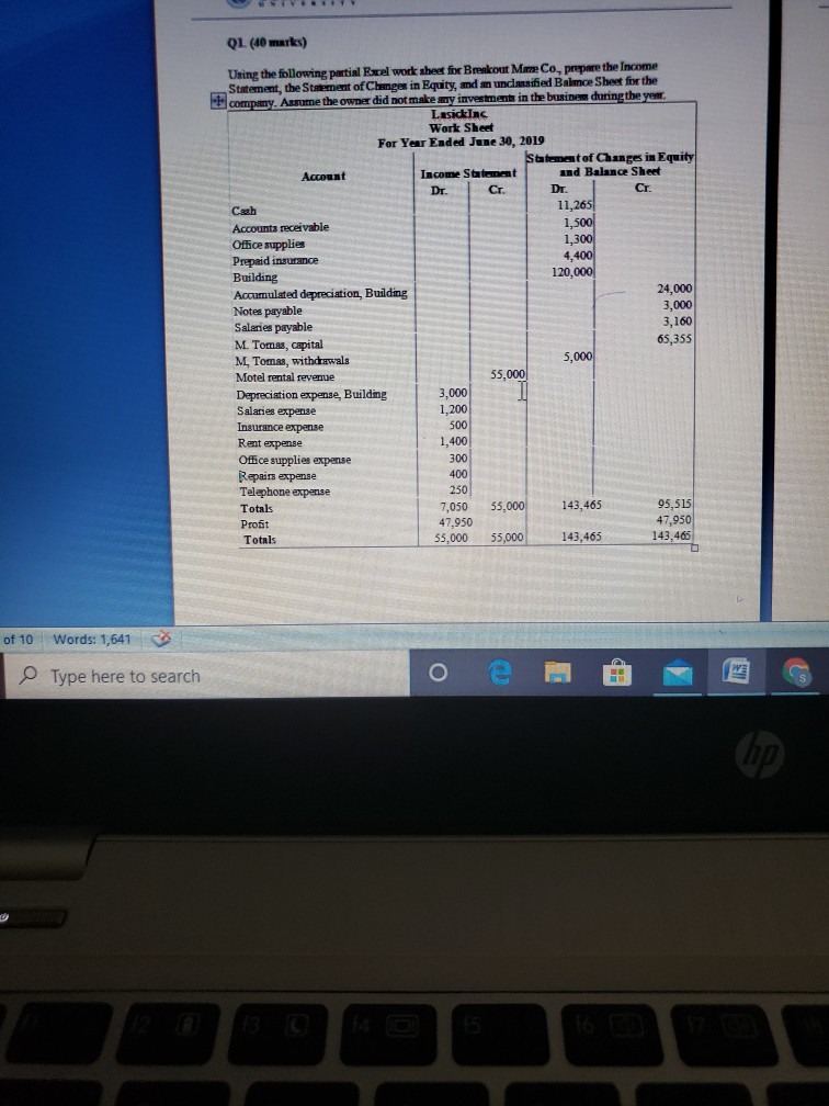  QL (40 marks) Using the following partial Estel work sheet for