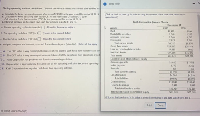  * Data Table Finding operating and free cash flows Consider the