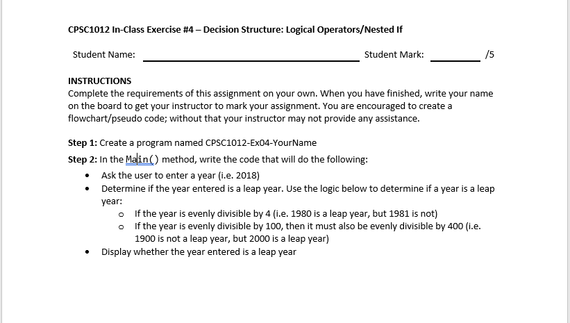  Nested if else C# CPSC1012 In-class Exercise #4-Decision Structure: Logical Operators/Nested