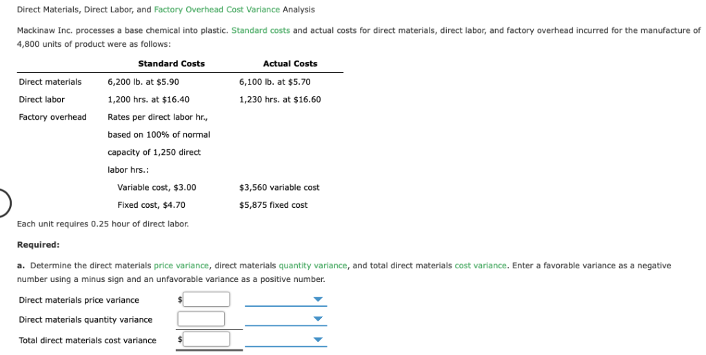 Direct Materials, Direct Labor, and Factory Overhead Cost Variance Analysis Mackinaw
