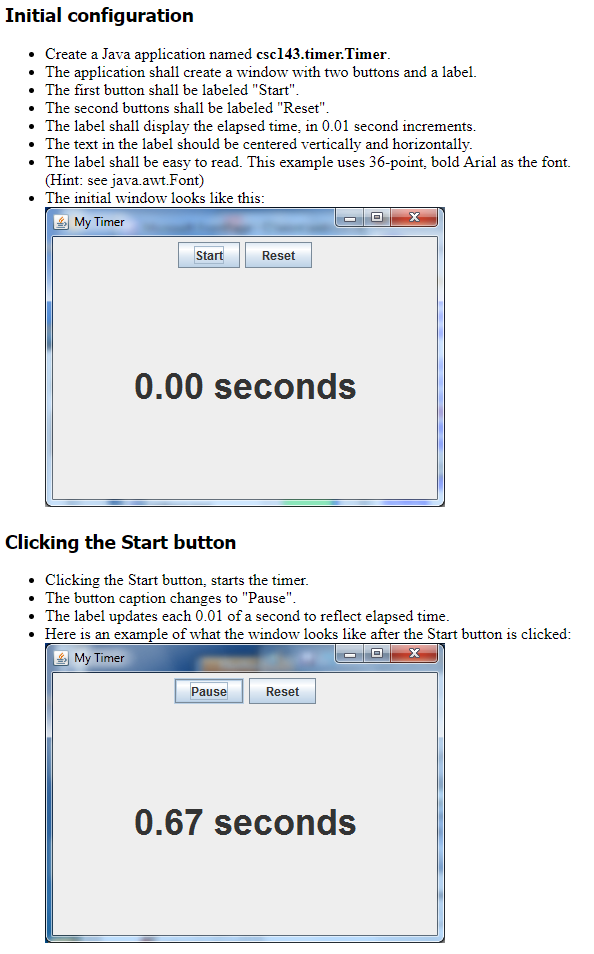  Initial configuration Create a Java application named csc143.timer.Timer The application shall