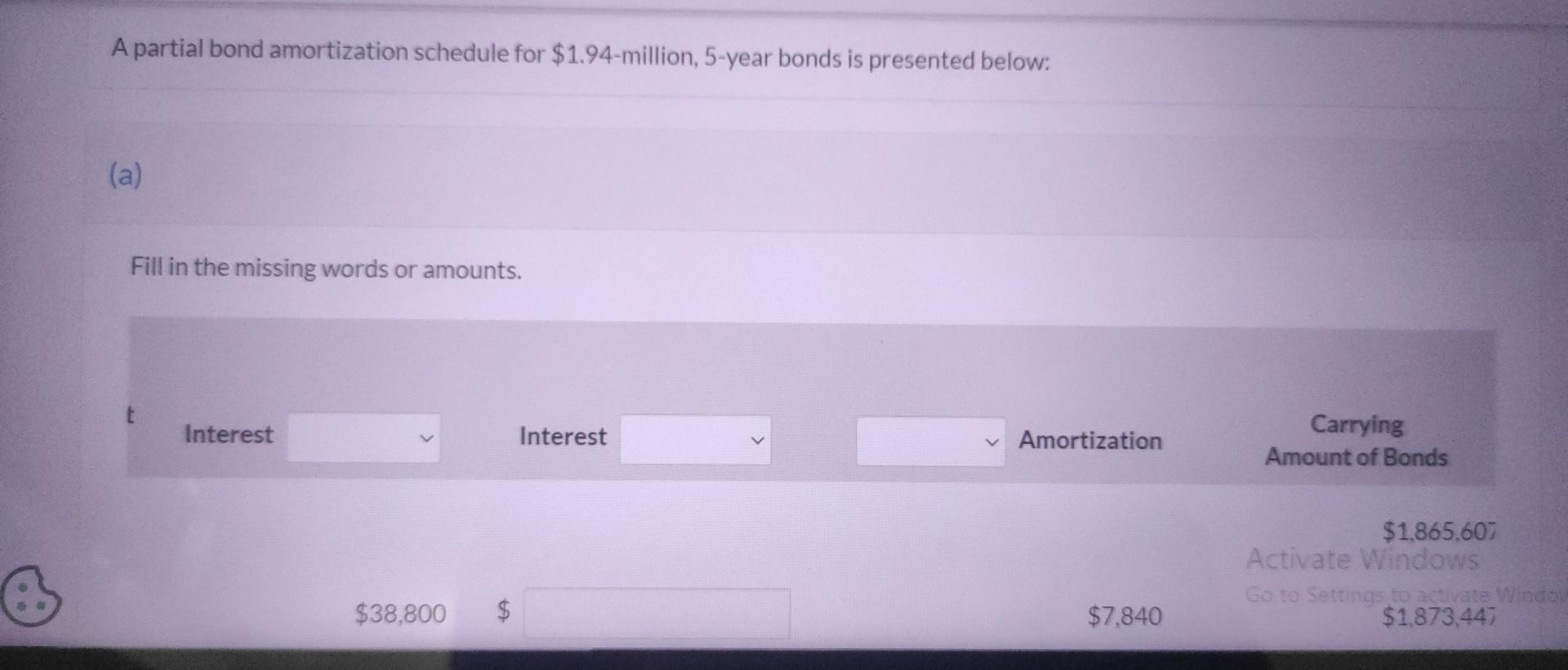 A partial bond amortization schedule for $1.94-million, 5 -year bonds is