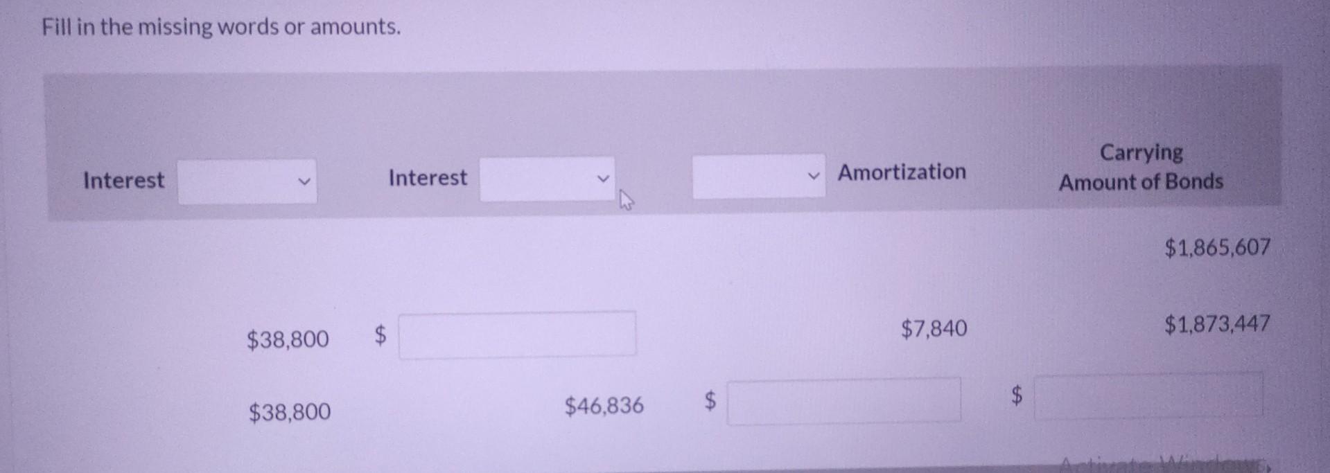 presented below: (a) Fill in the missing words or amounts. Fill in