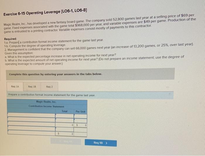  Exercise 6-15 Operating Leverage (L06-1, L06-8) Magic Realm, Inc., has developed